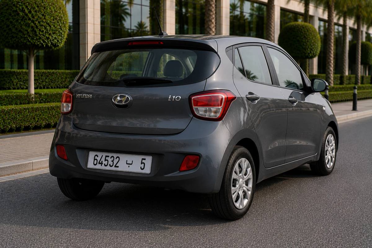 Hyundai i10 rental car, rear three-quarter view