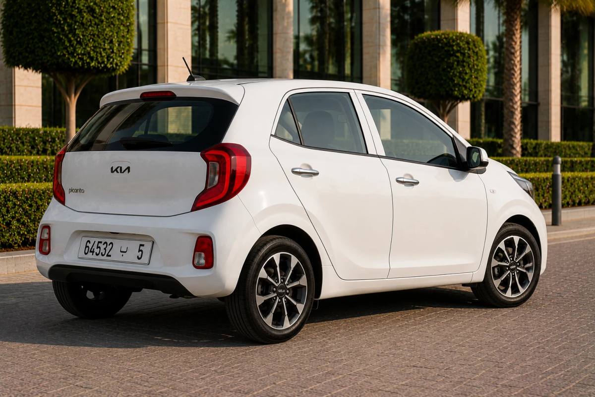 Kia Picanto rental car, rear three-quarter view