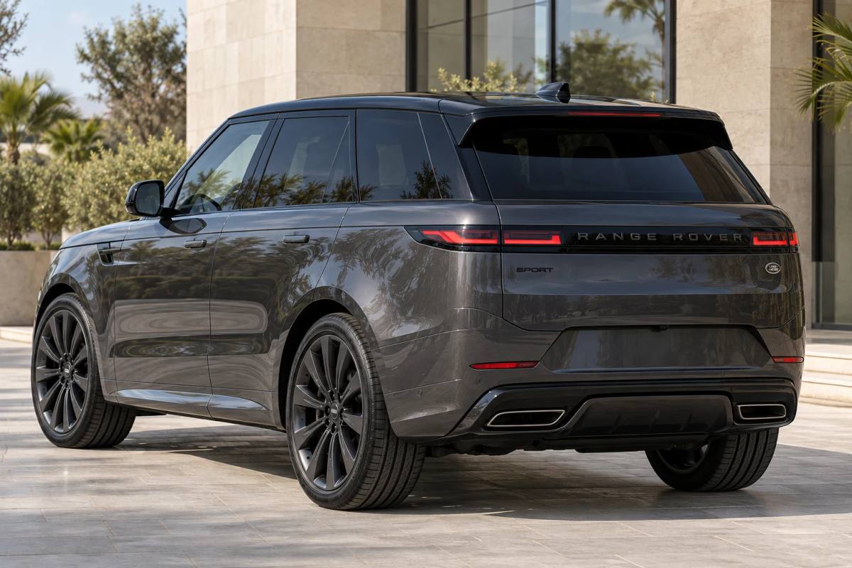 Dark grey 2026 Range Rover Sport rental SUV, rear three-quarter view