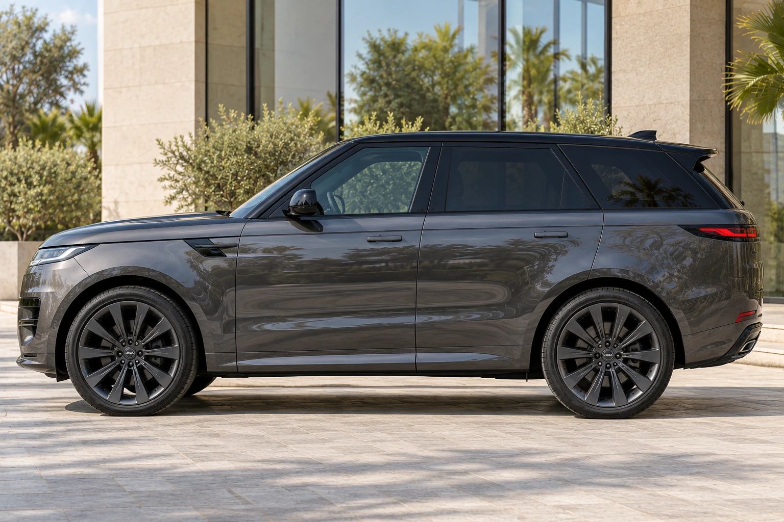 Dark grey 2026 Range Rover Sport rental SUV, side profile