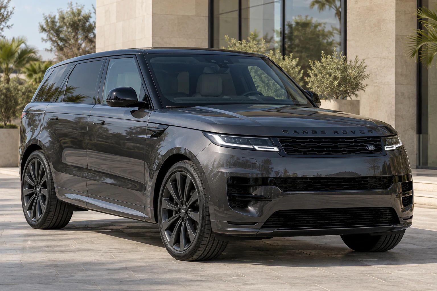 Alt: Dark grey 2026 Range Rover Sport rental SUV, front three-quarter view
