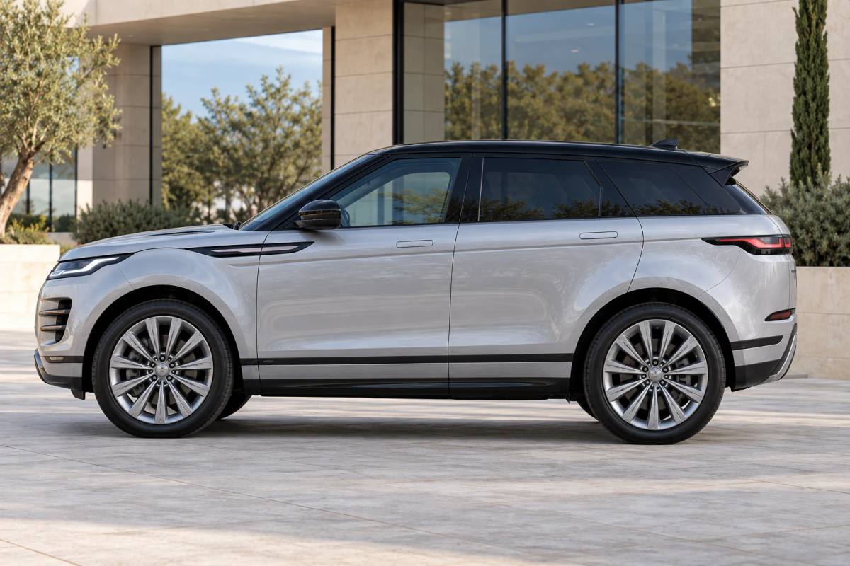Silver 2026 Range Rover Evoque rental SUV, side profile