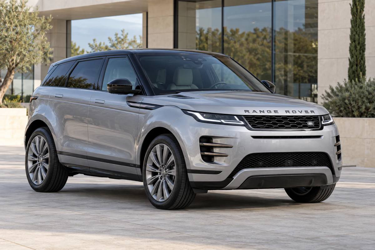 Silver 2026 Range Rover Evoque rental SUV, front three-quarter view