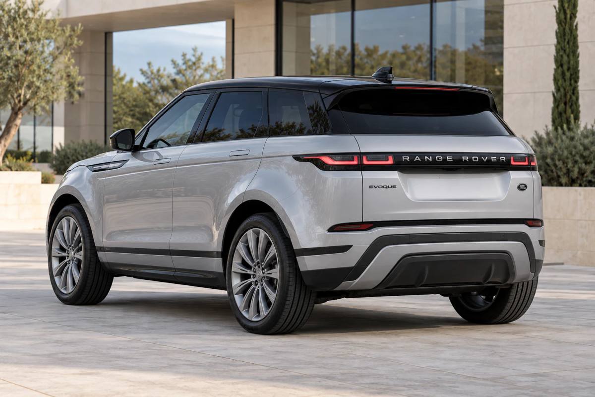 Silver 2026 Range Rover Evoque rental SUV, rear three-quarter view