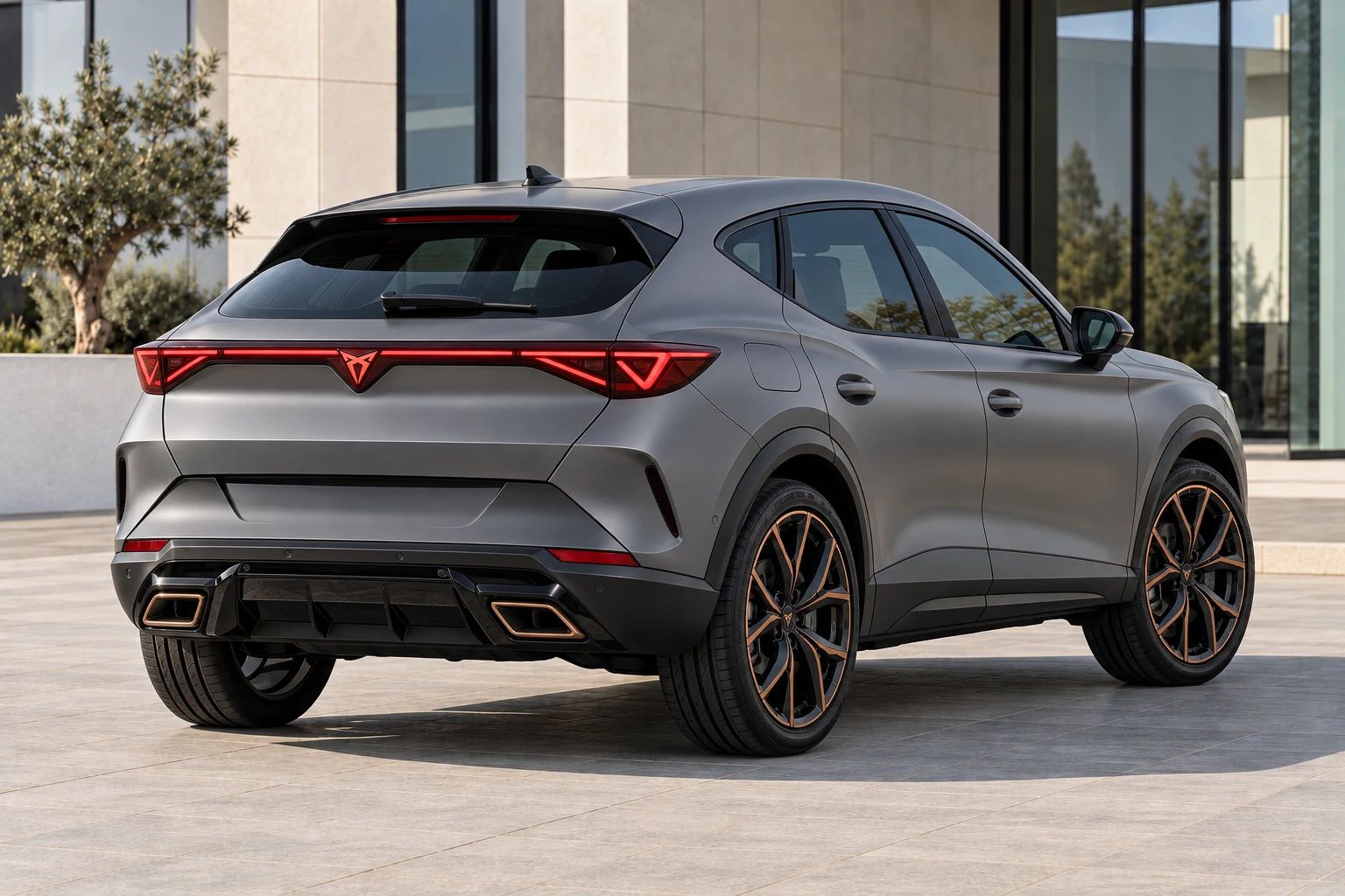 Grey 2026 CUPRA Formentor rental crossover, rear three-quarter view