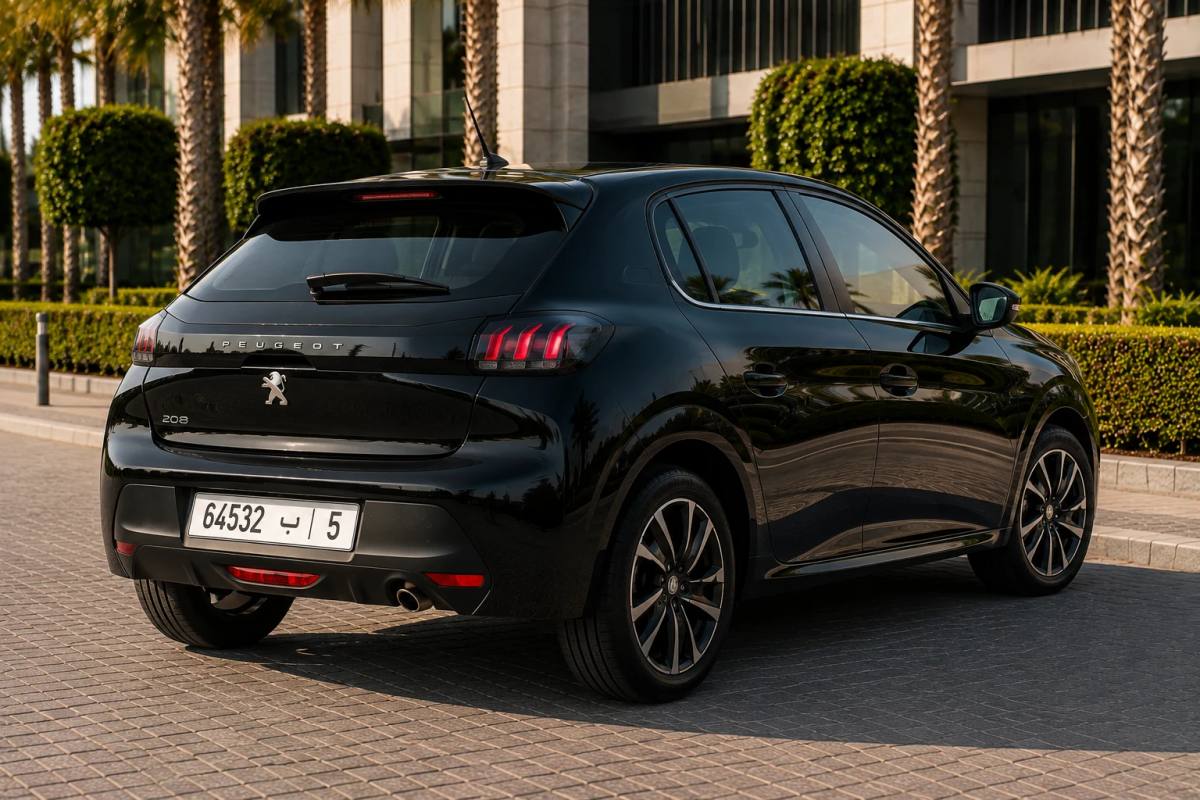 Peugeot 208 hybrid rental car, rear three-quarter view