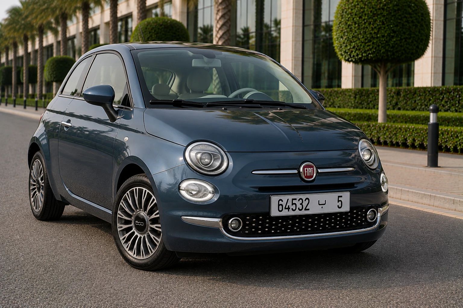Fiat 500 rental car, front three-quarter view